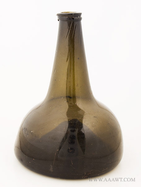 Blown Black Glass Wine Bottle, Horse Hoof, Onion with Pontil, String Lip
Dutch, Early 18th Century, entire view